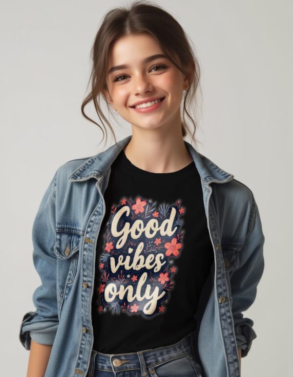 20241210024208-1efb6a05-9891-689e-99a6-4e9c370ef858.jpg Good Vibes Only Unisex T-shirt – Because Life’s Better Happy