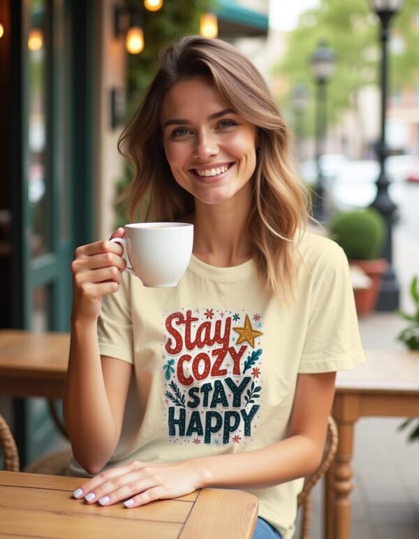 20241218022643-1efbce78-5b69-61f6-9cc2-c20c16e02faa.jpg Stay Cozy, Stay Happy Unisex T-shirt – The Perfect Blend of Comfort and Joy